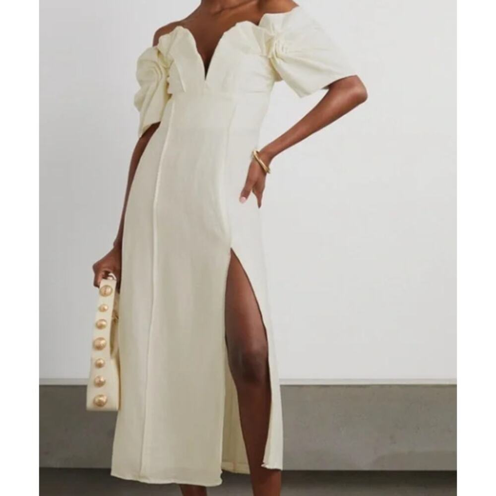 NWT Cult Gaia Muna Linen Raw Edge Cream Puff Sleeve Midi Dress 2